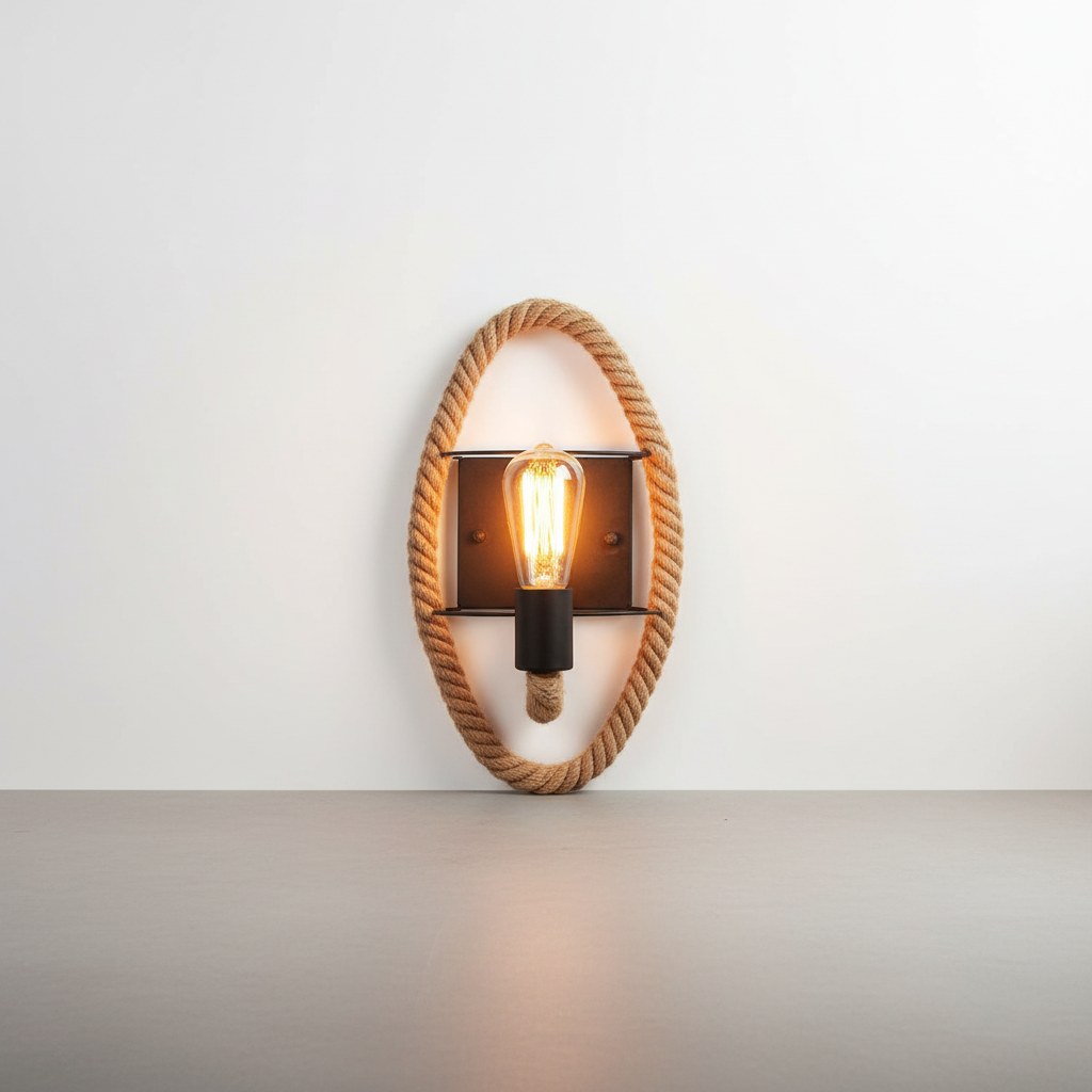 Vegglampe med tauring og synlig pære i industristil, Natur og svart