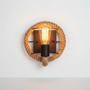 Vegglampe med tauring og synlig pære i industristil, Natur og svart