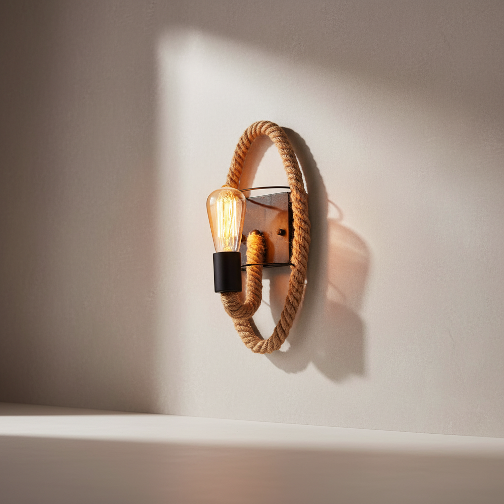 Vegglampe med tauring og synlig pære i industristil, Natur og svart